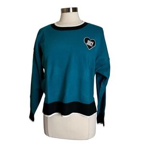 Juicy Couture Crew Neck Long Sleeve Pullover Heart Sweater Teal Womens Large New